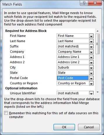 One small problem is that if you have customised the fields in the earlier step then Word may not recognise them to include them in an address block. 20) Click the Match Fields button.