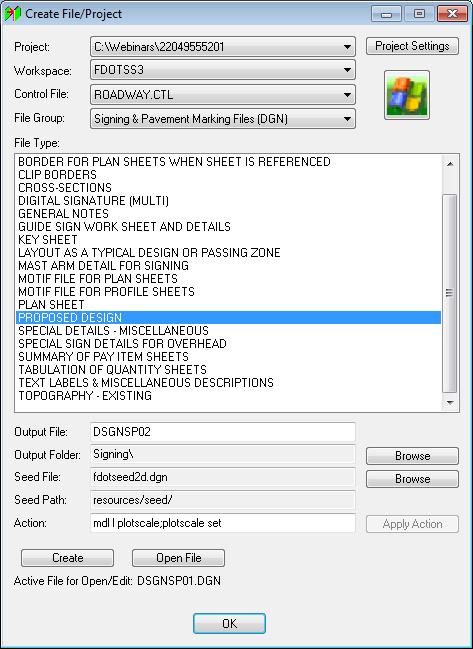 SIGNING AND PAVEMENT PLANS General CADD Standards & File Creation Chapter 1 USING CREATE FILE/PROJECT - CREATE BASE FILES FOR A PROJECT The Department s Create File/Project application is used to