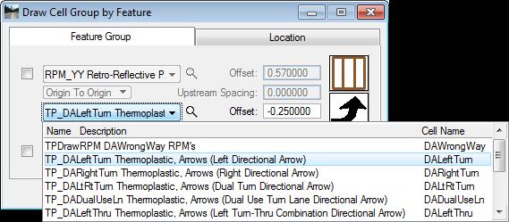 PAVEMENT MARKING TOOLS - Draw Cell Group by Feature Chapter 4 7. Next to the magnifying glass, click the drop down menu and select the Left Directional Arrow. This will load the appropriate cell. 8.