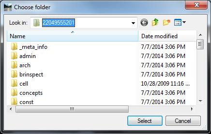 This will open the Select Active Project dialog. 5. Browse to the Projects folder and select 22049555201. Stop at the root folder. 6. Click the Select button.