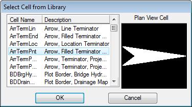 Chapter 4 PAVEMENT MARKING TOOLS - Plan Labeling 24. Back on the Leader tab, double click in the Terminator preview window. This opens the Select Cell from Library dialog as seen below.
