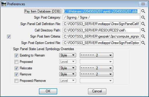 SIGNAGE TOOLS - Preferences Chapter 5 PREFERENCES Preferences are set based on variables defined when the FDOTSS3 software is installed. Pay Item Database (DDB): Path to the FDOTSS3.