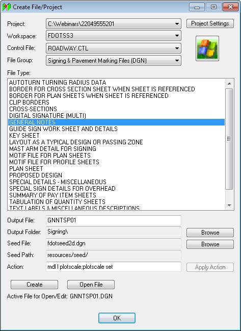 The figure below shows the Create File/Project tool with the Signing and Pavement Marking General Notes sheet selected. The Create File/Project invokes the Set/Update Plot Scale.