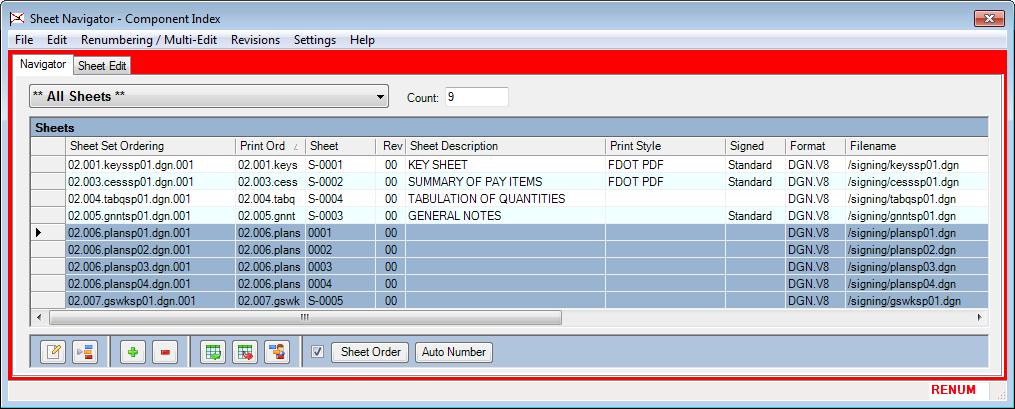 Chapter 7 SHEET NAVIGATOR - Overview 16. Click in the grey column before the Sheet Set Ordering column and drag across the five auto numbered sheets. 17.