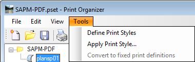 TOOLS MENU The Tools menu contains options for loading the Define Print Styles tool or loading the Apply Print Styles tool. PRINT ICONS - New Print Set file.