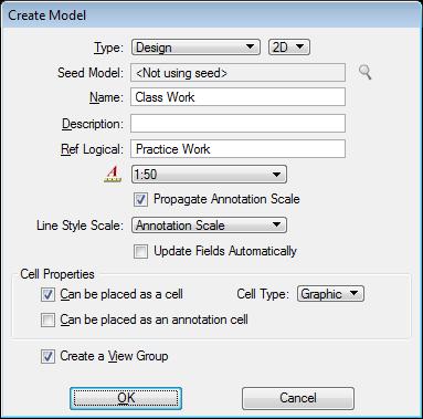 Chapter 1 SIGNING AND PAVEMENT PLANS - Levels, Text and Models 7. In the Models dialog, select Create a new model. This opens the Create Model dialog. 8. Set the Type to Design 2D.