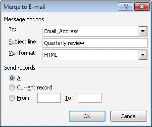 Learning Microsoft Office 2010 Word Chapter 4 31 n You select options for merging to e-mail in the Merge to E-mail dialog box.