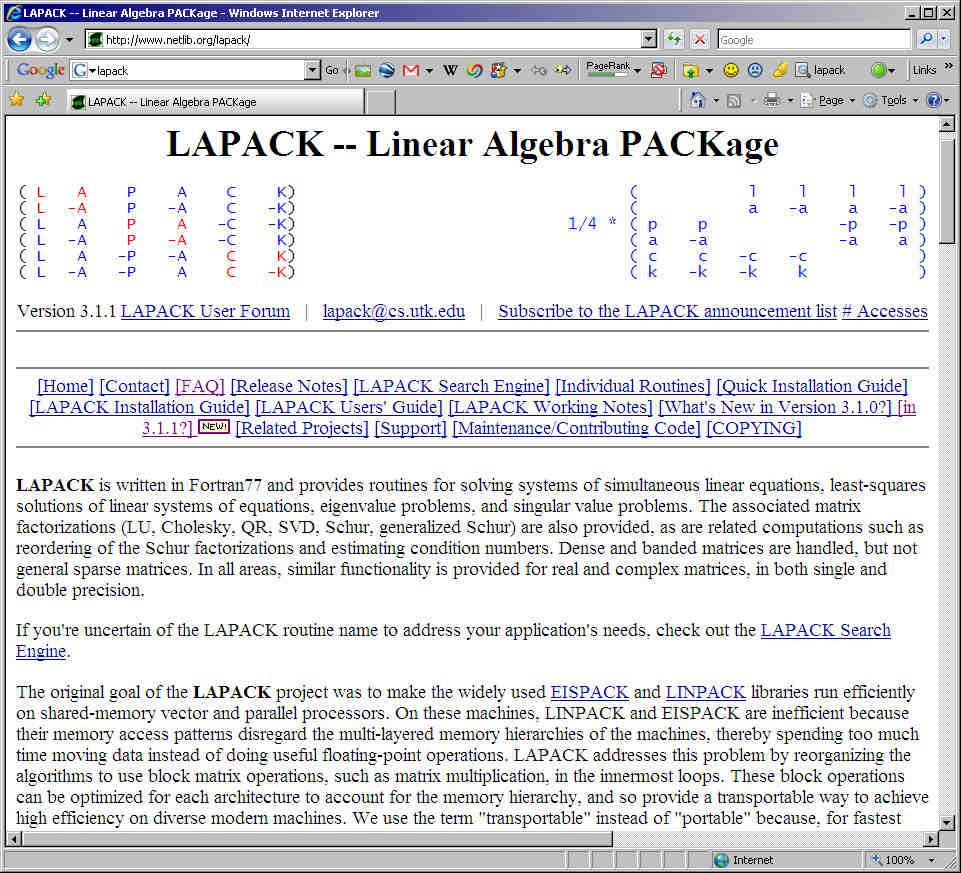 LAPACK Fortran subroutines for linear equations (dense, banded), linear least squares problems, eigenvalue problems and singular values.