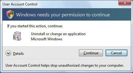 When user account control is enabled, the following screen is displayed.