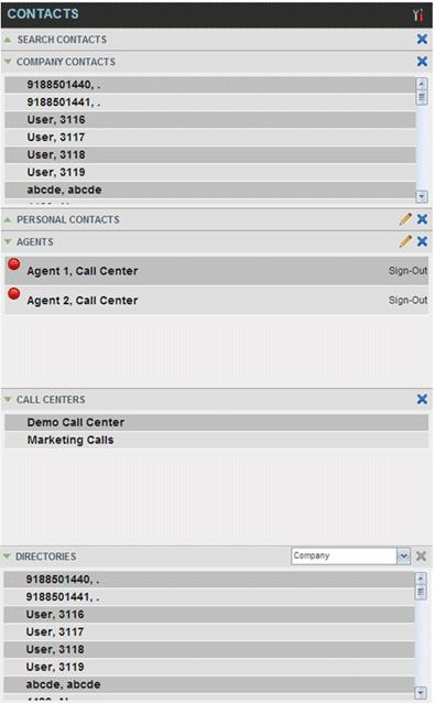 Contacts The Contacts pane contains your directories and allows you to make or manage calls. For information on using contacts to manage calls, see Manage Calls.