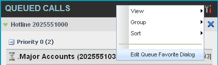 Select Call Centers to Monitor You can select up to five call centers to monitor and view. 1. Click in the header of the Queued Calls pane. Figure 37 Queued Calls 2. Select Edit Call Center.