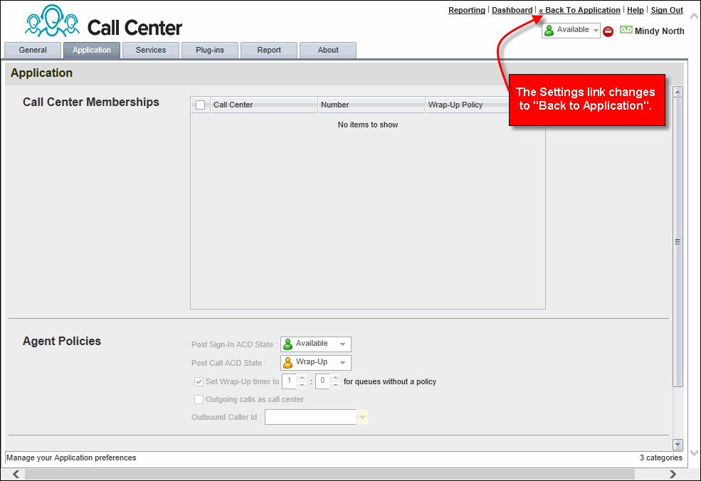 Settings You can configure various options for a call center. Click Settings in the top right corner of the main Call Center screen. The Settings screen appears.