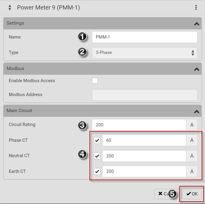 Configure Power Meter (PMM without PMB) 1 Enter a name. 2 Select the circuit type: Single Phase Split Phase 3-phase Enter the mains circuit breaker rating.