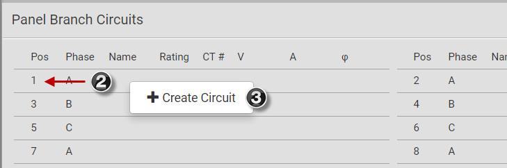 Configure Panel Branch Circuits In the Power Meters 1 page, click the panel. The Panel details page opens. In the Panel Branch Circuits section, click the circuit position to open the pop-up menu.