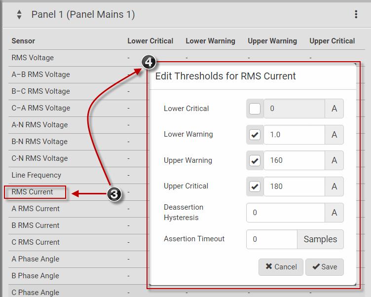 4 Select the checkbox for the level, and enter the threshold current in amps. Click OK.