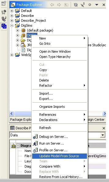 Opening an Existing WebSphere Project with Describe When opening an existing project in WebSphere, Describe will ask you to reverse engineer your source code.