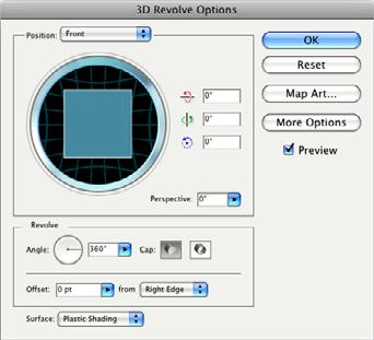 Click the Fill color in the Control panel and select White. Choose Effect > 3D > Revolve. In the 3D Revolve Options dialog box, choose Front from the Position menu. Select Preview to see the changes.