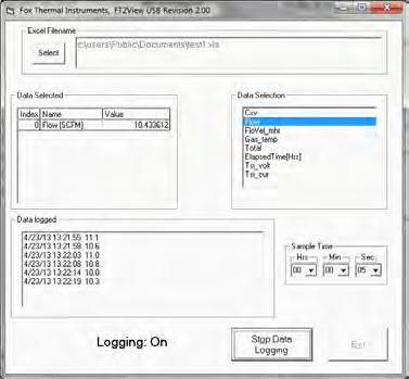 11: Data Logger Window - Logging Turned Off Select the sample time from the drop down menu, and then select the required data from the Data Selection list.