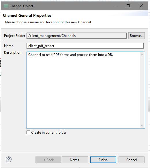 2. Provide a name for the channel (for example, client_pdf_reader), a description (optional), and then click Finish. The Channel Builder opens where you can add various channel components.