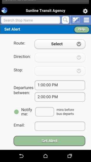 Set Rider Alerts: Mobile Choose a Route, Direction & Stop Enter Date into blank field Enter how much notice you require in the Notify me