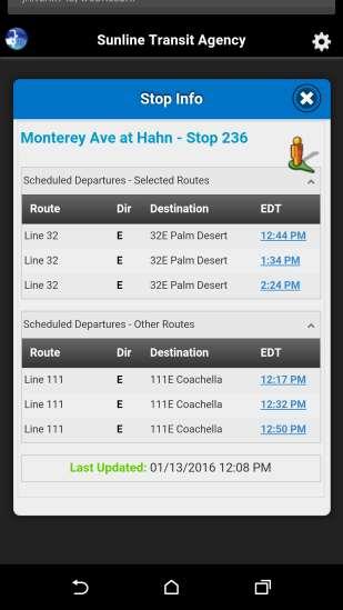 Routes Feature: Mobile Scheduled Departures Selected Routes indicates upcoming times the bus will service the selected stop
