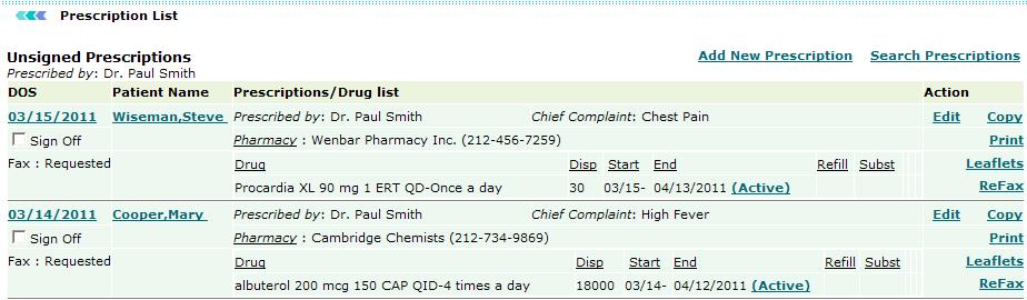 OmniMD Help Manual Unsigned Prescriptions Note: You can modify, view online, and print all the prescriptions.