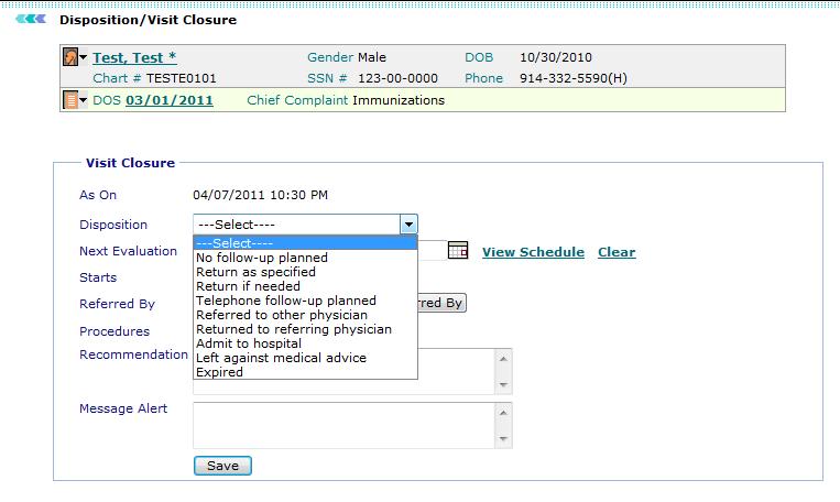 OmniMD Help Manual Visit Closure 2. Specify the values of Visit Closure. The Visit closure page displays the date on which service was rendered.