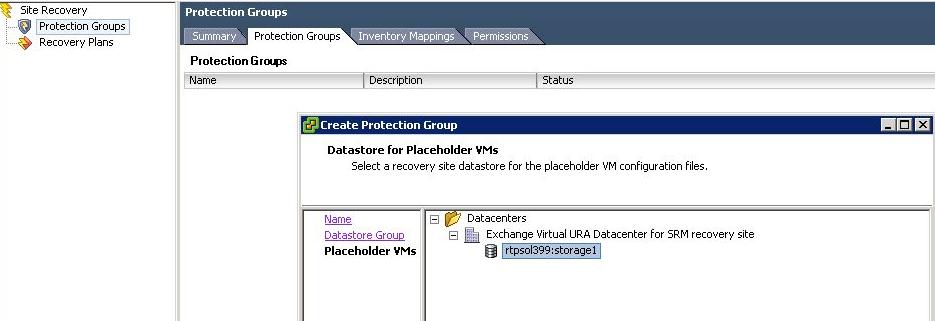 Create protection groups A protection group is configured on the protection-site vcenter. In the Site Recovery main window, right-click Protection Groups, and then select Create Protection Group.
