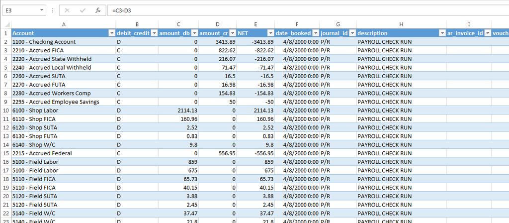 Return the Data to Excel. We will need to insert a column in between D and E to summarize the DB and CR amounts. This is a simple formula that subtracts the amount_cr from the amount_db.