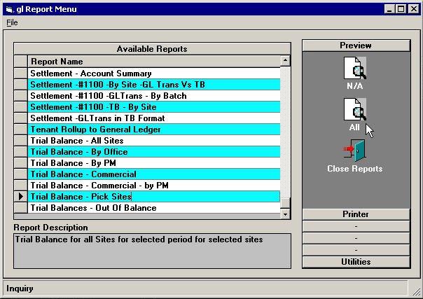 Generating & Printing Reports 2 In the Reports slider bar, click the Other Reports icon. The GL Report Menu window appears, as shown below. It displays the reports that are assigned to you.