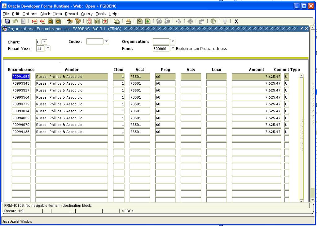 11. FGIOENC Open Organizational Encumbrance List FGIOENC Query Options Organizational Encumbrance List (Encumbrance Ledger) Chart, FY, Index or FOAPAL elements