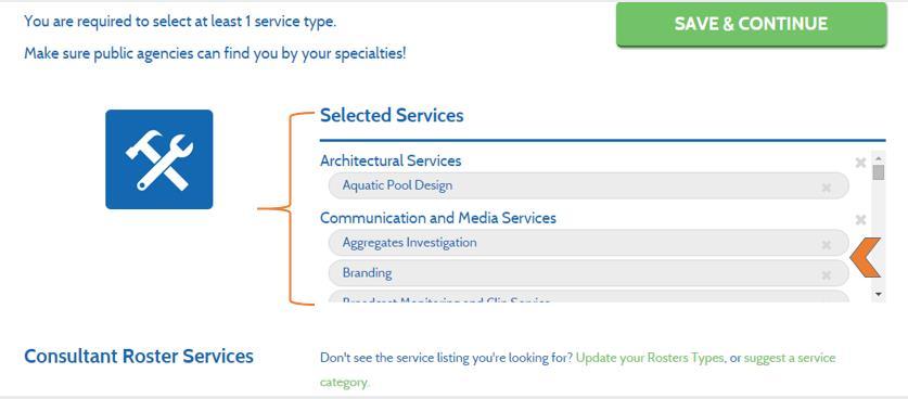 At the top of the page you ll be able to review the list of service selections you ve made and easily deselect any you may have accidentally added by clicking the small x to the right of the