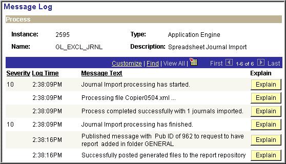 Upload Journal Entry Message Log Message Log page provides details of process Verify process