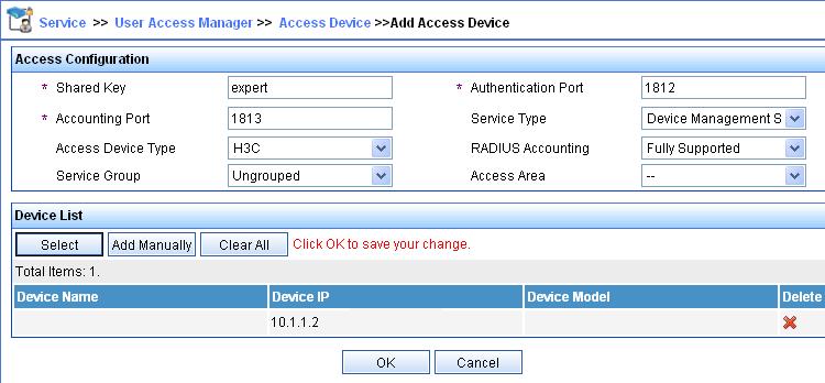 Figure 116 Add an access device # Add a user for device management.