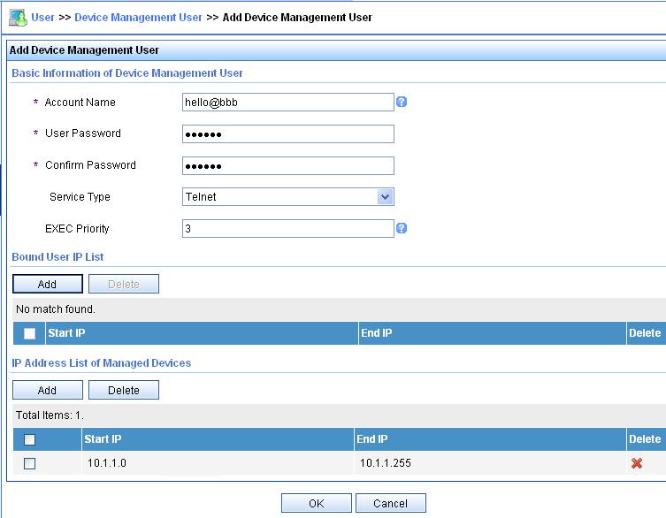 Figure 117 Add an account for device management 2. Configure the LB module # Configure the IP address of interface Ten-GigabitEthernet 0/0.1, through which the Telnet user accesses the card.