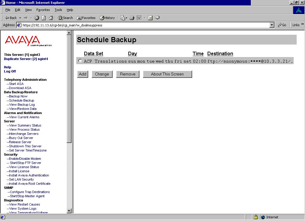 Figure 10: Primary Active Server Web Interface - Backup Scheduling Results Screen Repeat for standby server 6.