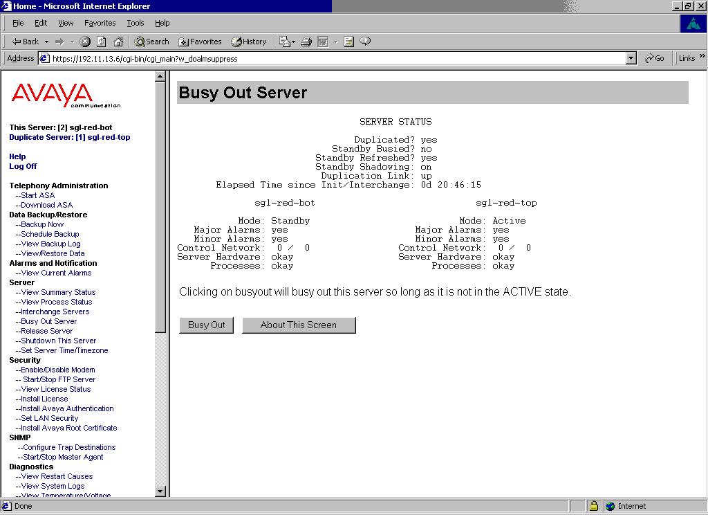 The backup standby server should be busied out, using the Server Busy Out Server function on its web interface, as shown in Figure 5. Select Busy Out.