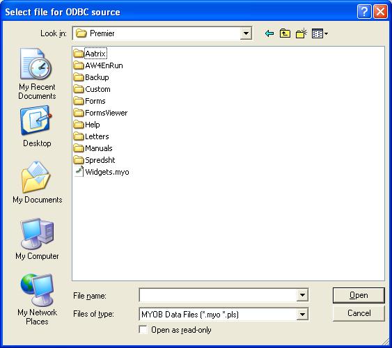 (For example, you could enter Widgets as the Data Source Name and MYOB company file as the description.
