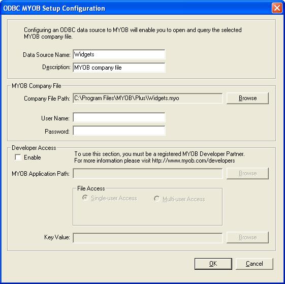 a The ODBC MYOB Setup Configuration window appears showing the company file path. b In the User Name field, enter the administrator s user name for this company file.