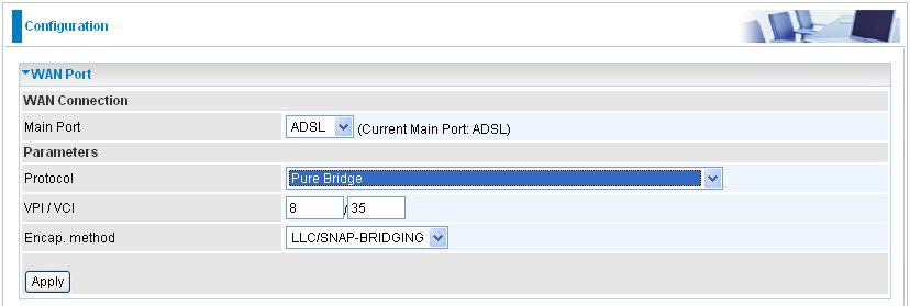Pure Bridge Connections (ADSL) VPI/VCI: Enter the VPI and VCI information provided by your
