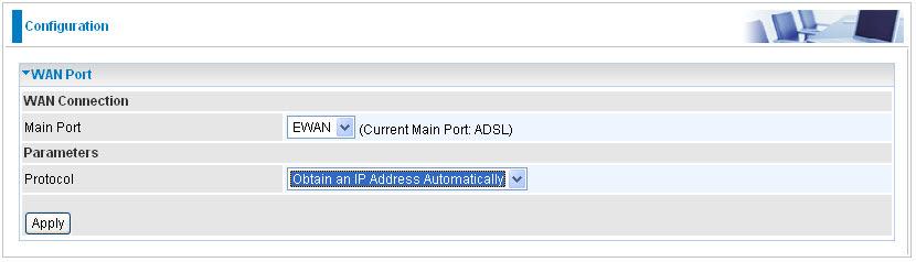 Obtain IP Address Automatically (EWAN) Select this protocol enables the device to automatically retrieve IP