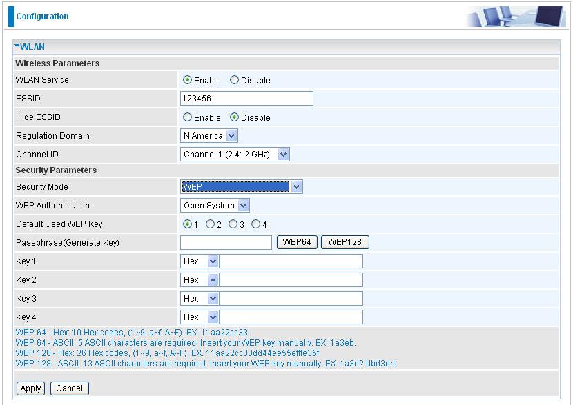 WEP Parameters WLAN Service: Default setting is set to Enable. If you do not have any wireless, select Disable.