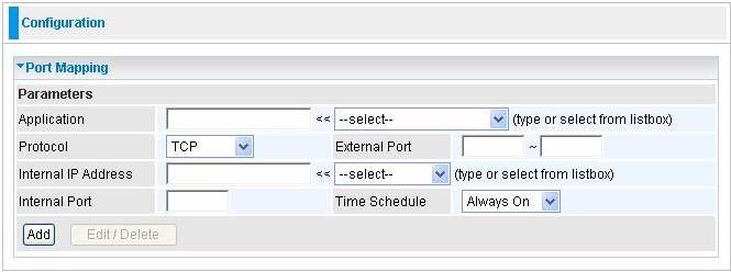 5.3.6.1 Port Mapping Application: Select the service you wish to configure Protocol: Automatic when you choose Application from listbox or select a protocol type which you want.