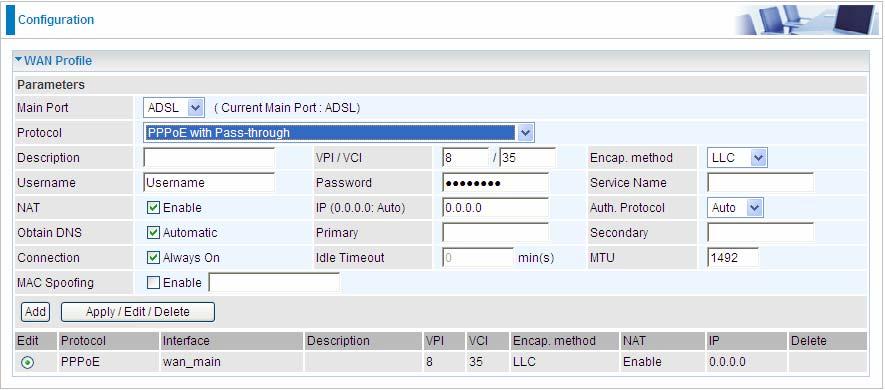 VPI/VCI: Enter the VPI and VCI information provided by your ISP. Encap. method: Select the encapsulation format, the default is LLC. Select the one provided by your ISP.