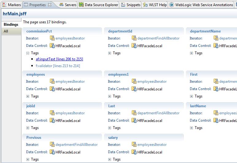 Working with the Oracle ADF Model Layer 2.2.4.4 Using the Bindings Tab in the Properties Window You can view the bindings associated with a page in the Bindings tab of the Properties window.