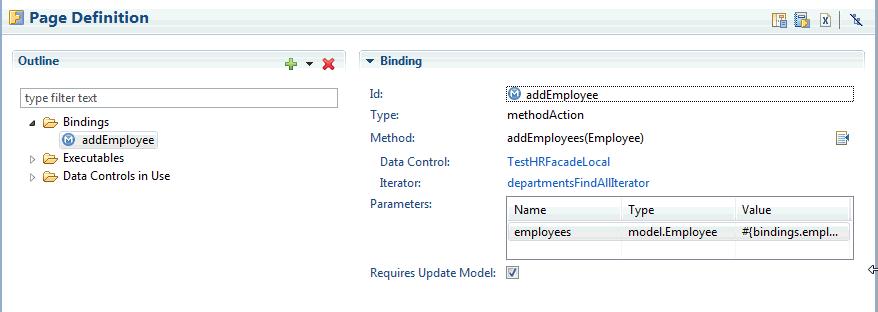 Working with Oracle ADF Controller Figure 2 14 methodaction binding on the Page Definition To configure ADF bindings for Method Calls in a task flow: 1.
