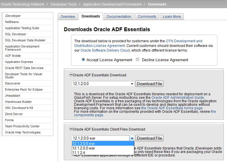 Configuring and Using ADF with GlassFish Server Figure 2 18 Oracle ADF Essentials Download Page Download the Oracle ADF Essentials file adf-essentials.zip to a temporary location.