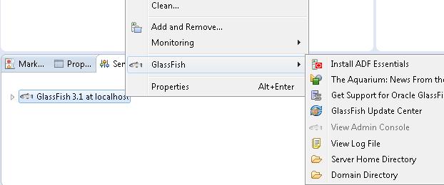 Configuring and Using ADF with GlassFish Server Figure 2 19 GlassFish Menu in Servers Pane 2. Navigate to the adf-essentials.zip file that you downloaded from OTN and click Open.