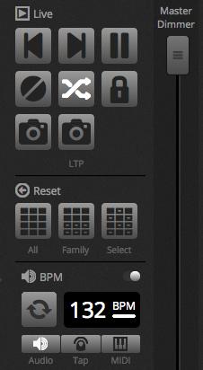 The 8 Live buttons at the top allow you to: Jump forwards and backwards between scenes Pause the entire show Blackout all lighting fixtures Globally enable and disable