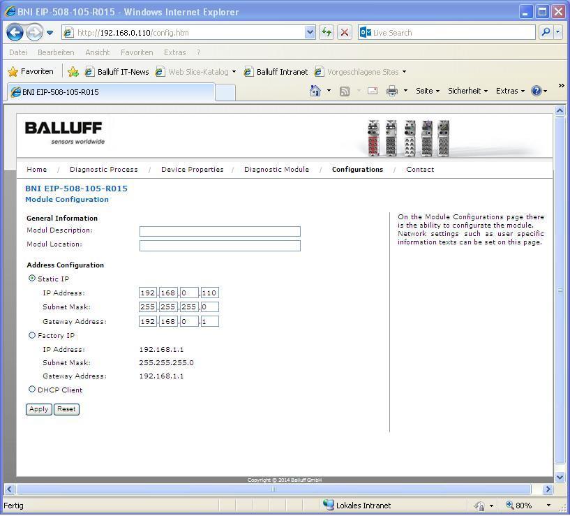 Balluff Network Interface EtherNet/IP, BNI EIP-50x-105-R015 9 Web erver 9.6.